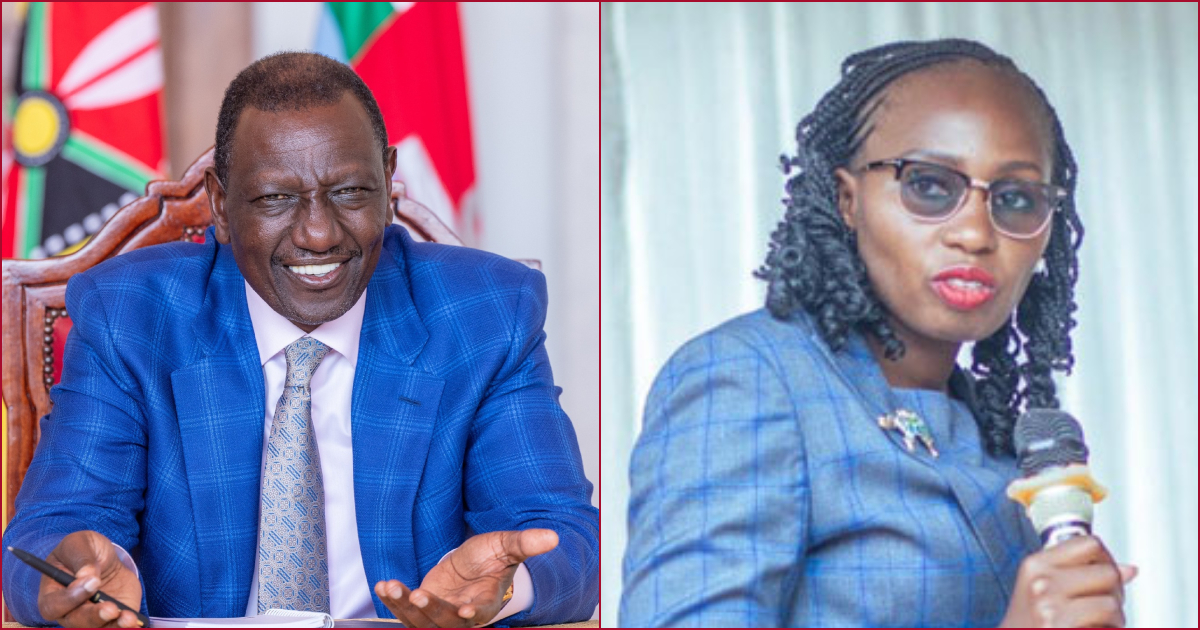 Collaged photos of President William Ruto and LSK president Faith Odhiambo.